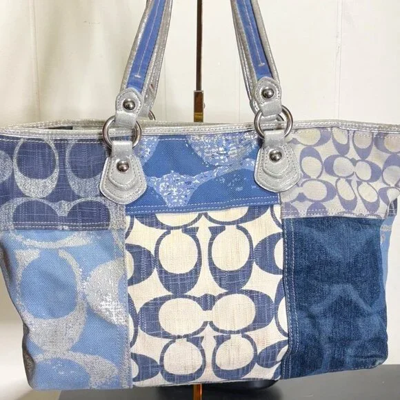 Coach Poppy Collection Blue Denim Patchwork with Silver Detail Tote Purse - Picture 5 of 16